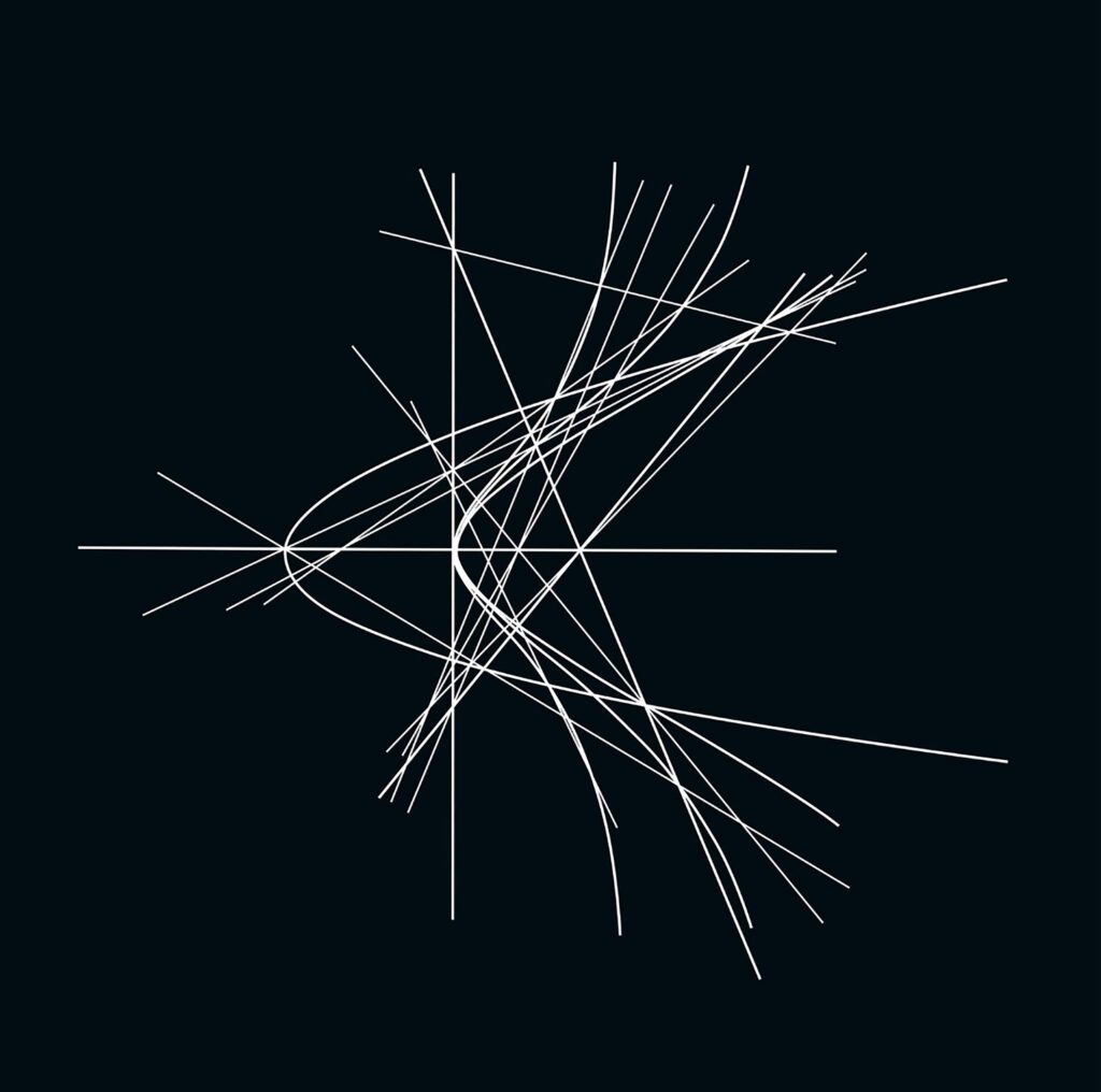 Converging linear and curved white strokes, dark field
